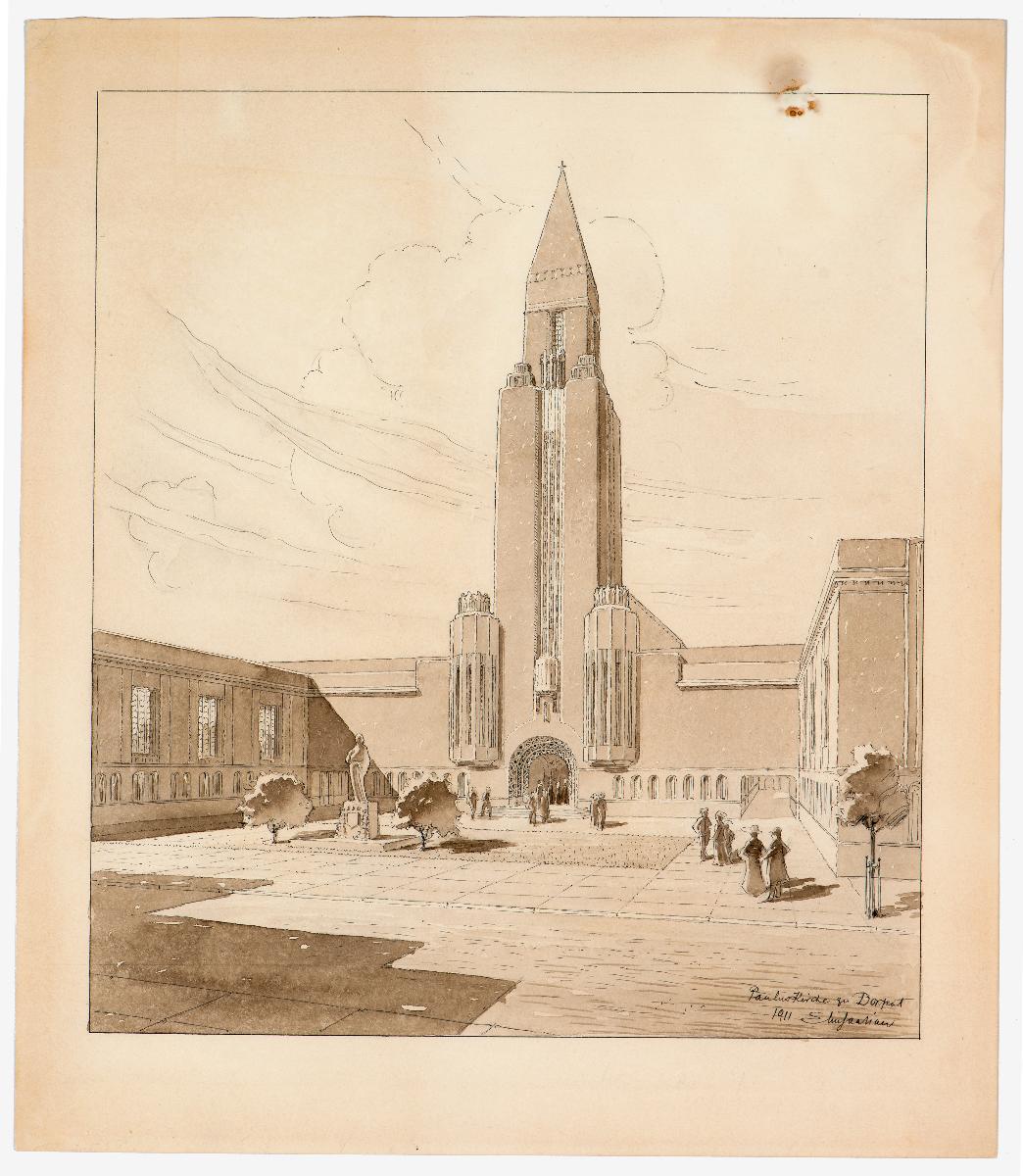 Paul's Church, Tartto, Estonia, perspective drawing, 1911