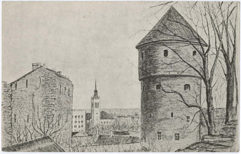 Tallinn, vaade Harju mäelt Jaani kiriku suunas. Vasakul Neitsitorn, paremal Kiek in de Köki torn.