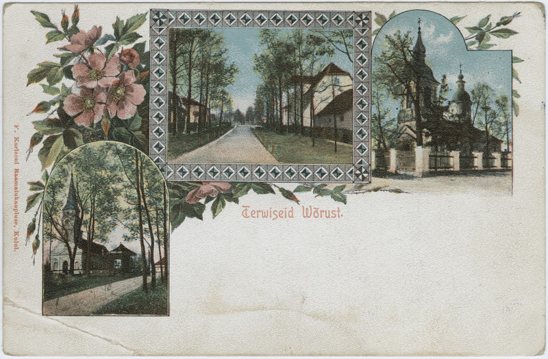 Postkaart Võru vaadetega. Vasakul Võru Katariina kirik, paremal Võru Suurkannataja Ekaterina kirik