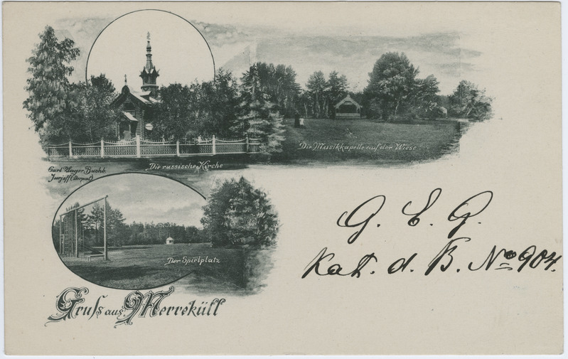 Postkaart Meriküla vaadetega. Narva-Jõesuu Püha suurvürst Vladimiri kirik, laululava, spordiplats.