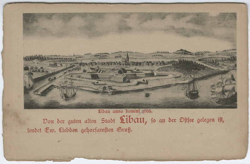 Postkaart graafilisest lehest. Liepaja sadam ja kaitseegitised 1705. aastal.