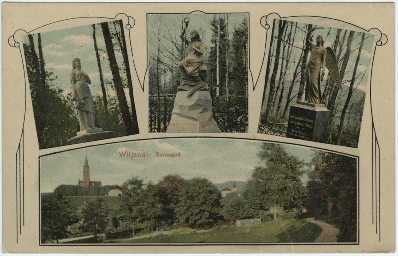 Postkaart. Viljandi kalmistu. Skulptuurid kalmistul: Naine lillepärjaga (August Weizenberg, 1915), Kõpu kalmistu) Naine ankruga (August Weizenberg, Viljandi vana kalmistu, 1908), Ingel (Viljandi vana kalmistu).