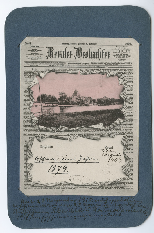 Postkaart. Kollaaž Revaler  Beobachter esikaande (1903 Nr 21) on revitud auk, millest paistab Pirita jõe ja kloostri varemete vaade.