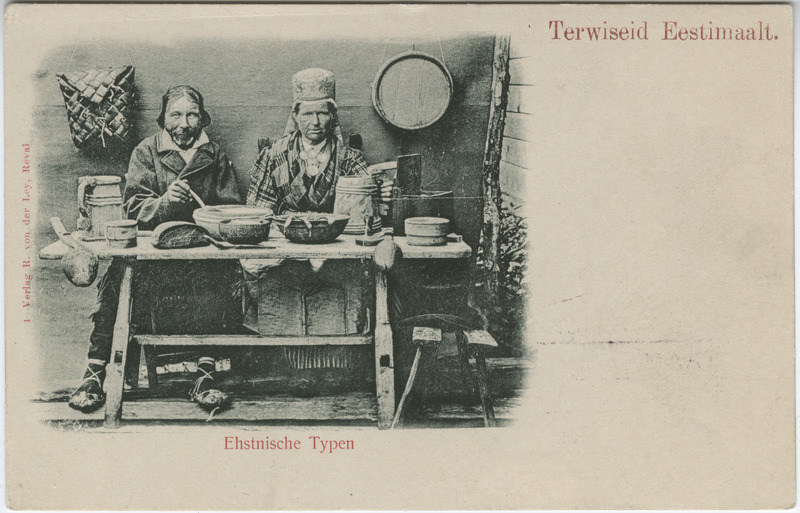 Postkaart: "Terwiseid Eestimaalt", "Estnische Typen" . Saunikud söömas (Harju-Jaani kihelkond).