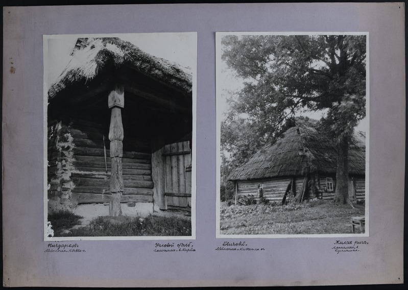 Kaks fotot planšetil - ehitise nurgapost Kirbla ja rehemaja Kullamaa kihelkonnas