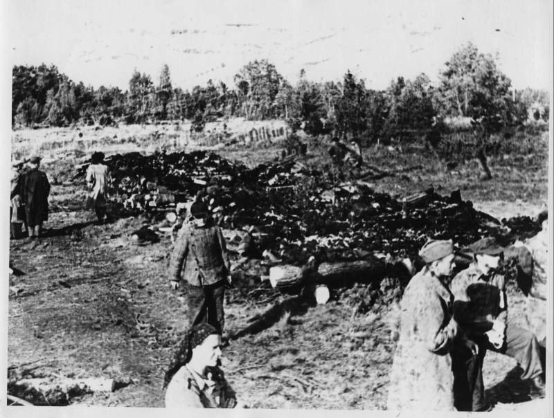 Saksa fašistide roimajäljed 1944.a. Esiplaanil riit põlenud laipadega ja vaatlejatega, tagaplaanil mets.