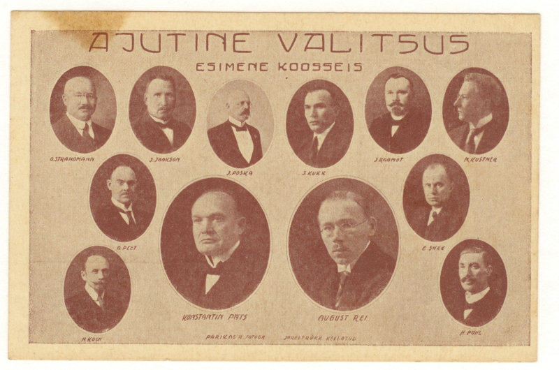 Fotomontaaž ajutise valitsuse esimese koosseisu liikmetest, ülevalt vasakult: O. Strandmann, J. Jaakson, J. Poska, J. Kukk, J. Raanot, M. Kustner, H. Koch, A. Peet, Konstantin Päts, August Rei, E. Säkk, H. Pohl.