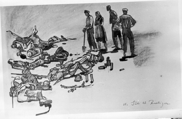 Saksa armee reporteri-rindekunstniku joonistus: teel Rudinasse 25.07.1941. Pärast lahingut.