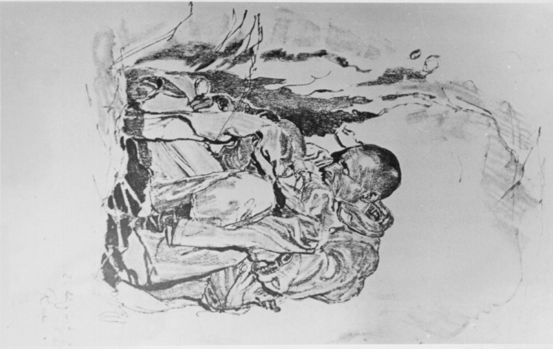 Saksa armee reporteri-rindekunstniku joonistus: langenud nõukogude armee võitleja kaevikus Kuusna mõisa juures. 1941.