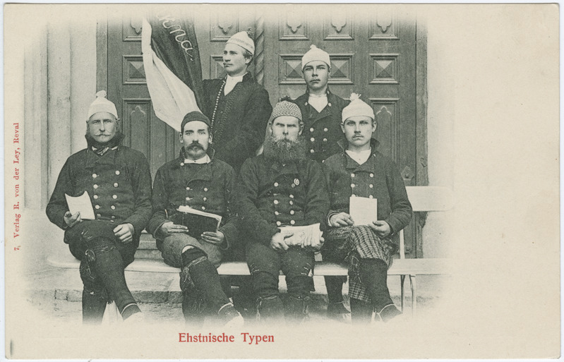 Postkaart sarjast "Eesti tüübid" (Estnische Typen). Vaikna meeskoor Haapsalu laulupeol 1896