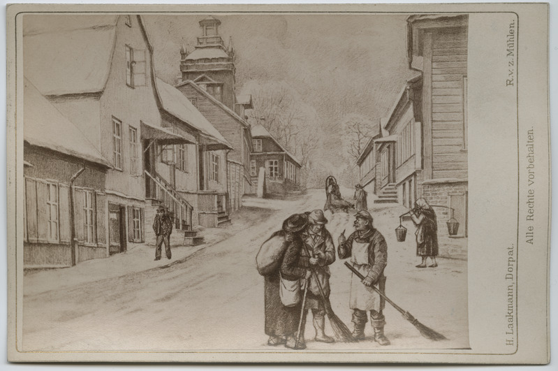 Foto Mühleni pliiatsijoonistusest: talvine tänav kojameestega.