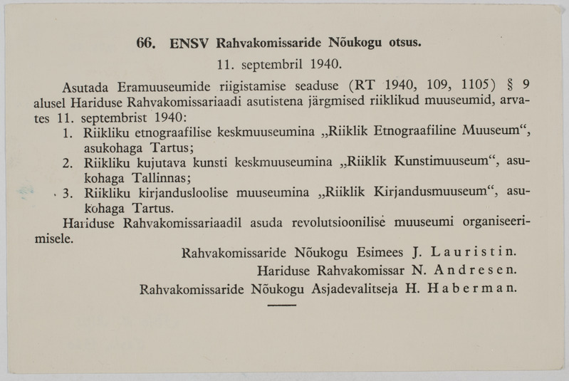66. ENSV Rahvakomissaride Nõukogu otsus 11. septembril 1940