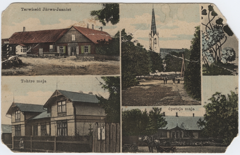 Fotomontaaž Järva-Jaani vaadetest: Mühlbaumi kauplus, arstimaja, kirik ja õpetaja maja.