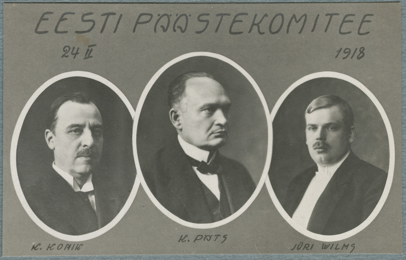 Fotopostkaart Eesti Päästekomitee liikmed. Jüri Vilmsi, Konstantin Pätsi, Konstantin Koniku portreed.