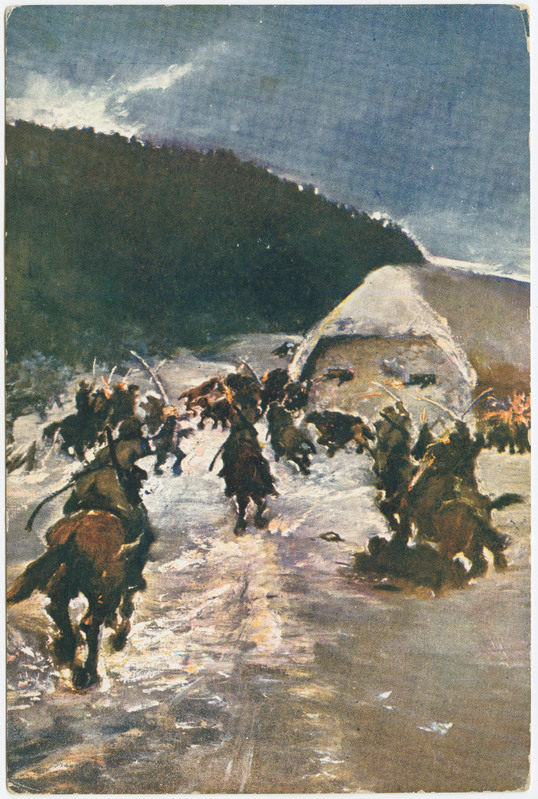 Reprodukstsioon N. Jasnetsky õlimaalist, Sõjamuuseumi väljaanne, kirjastaja J.Roosileht & Ko. Esimese ratsapolgu eelsalga kokkupõrge vaenlase ratsaväega Munamäe all märtsis 1919