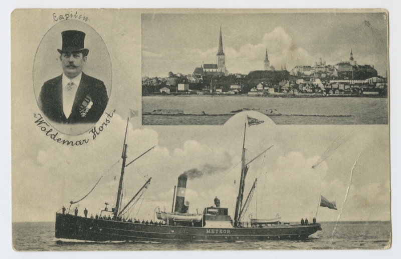 Postkaart kolme vaatega : päästelaev-puksiir "Meteor", kapten Woldemar Horst ja Tallinna vanalinna siluett