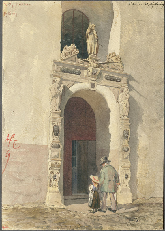 Sankt Nicolai kyrka - Korportalen. Akvarell av A.T. Gellerstedt 1869.