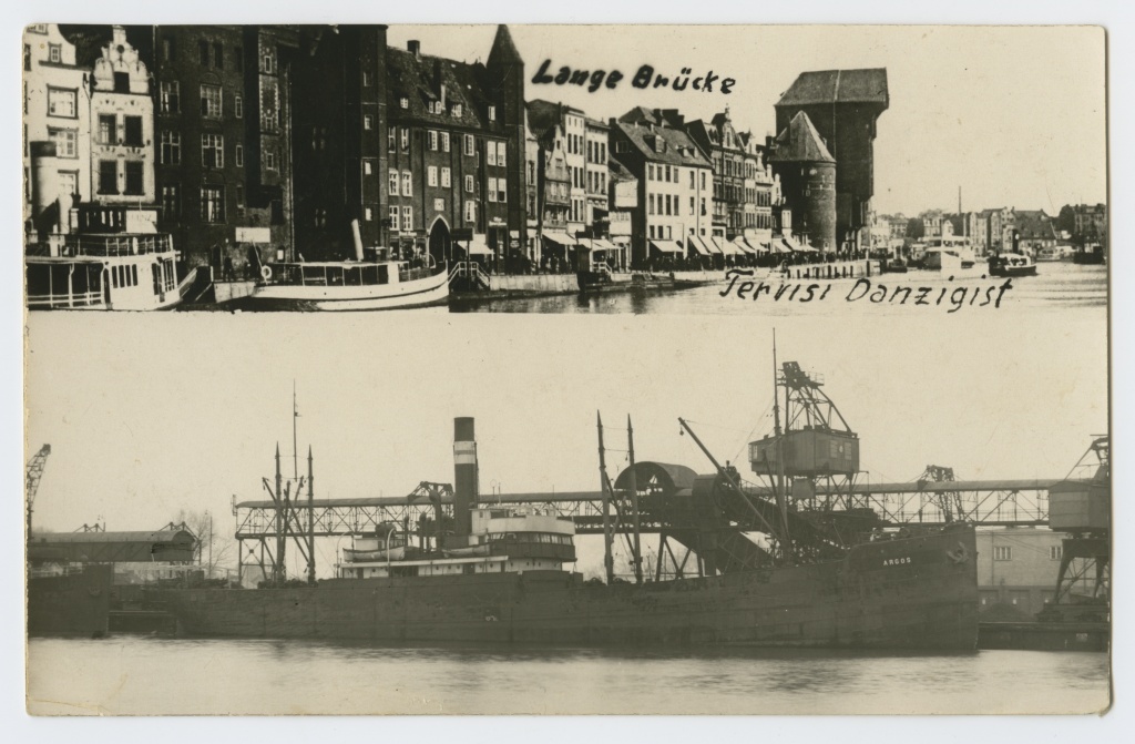2-väljaline postkaart Danzigi vaadetega (Lange Brücke, kaubalaev "Argos" kai ääres)