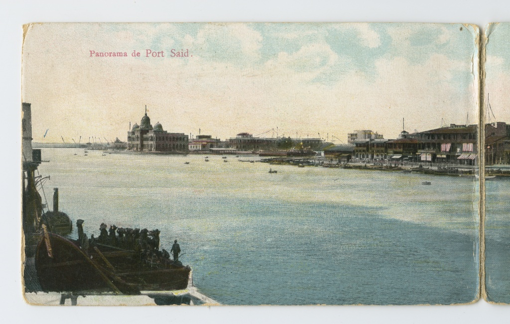 Komplekt, koosneb viiest lederiiniga ühendatud värvilisest postkaardist, Egiptuse Port Said sadama panoraamvaatega