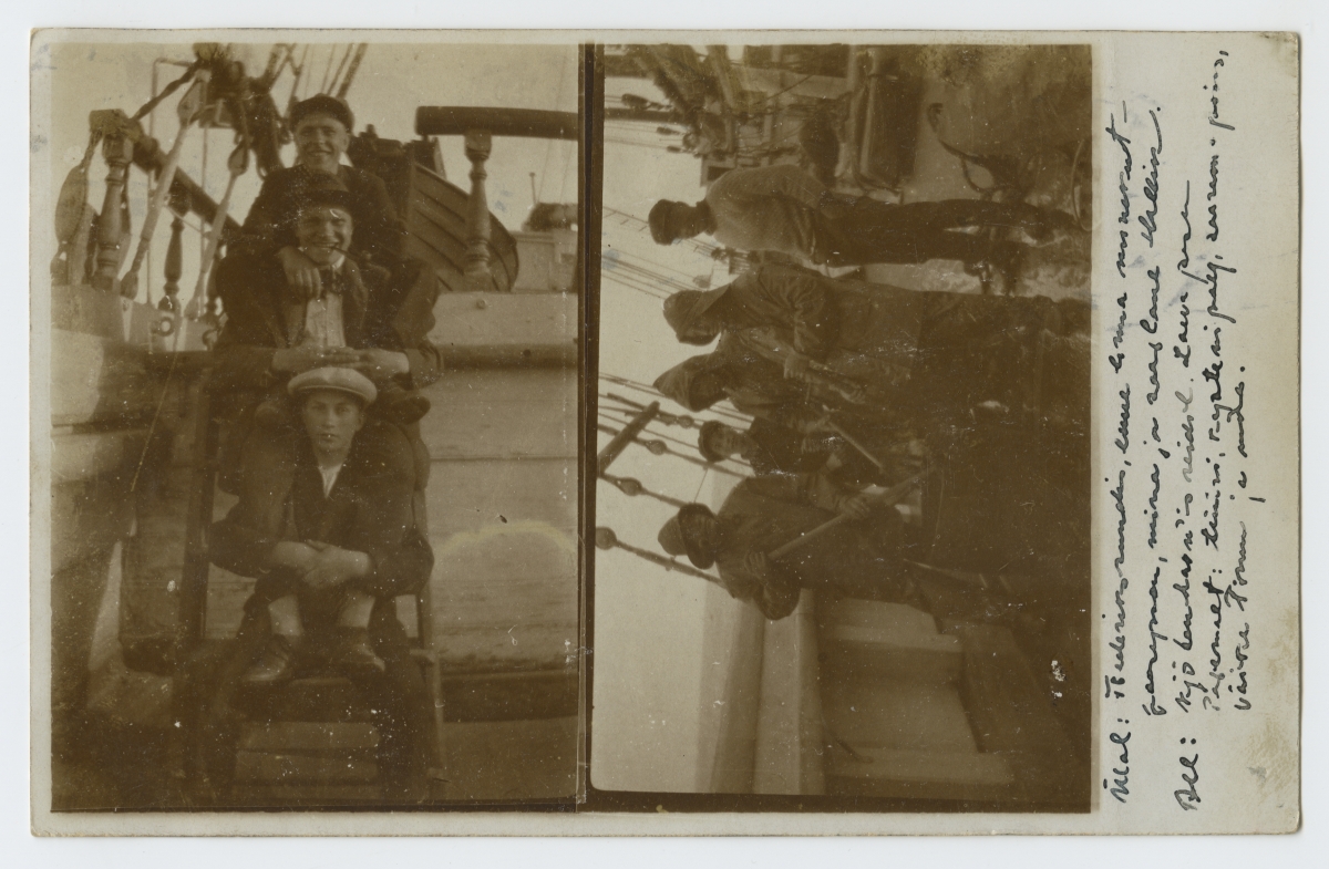 Purjelaeva meeskonnaliikmed laeval enne linna minekut.
Taani, 1927.a.
Kaks erinevat fotot ühel postkaardil