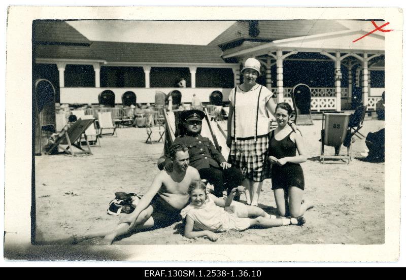 Photo from Valfried Jakobson's research file. Group in front of the Pärnu beach building, may be V. Jakobson on the left.