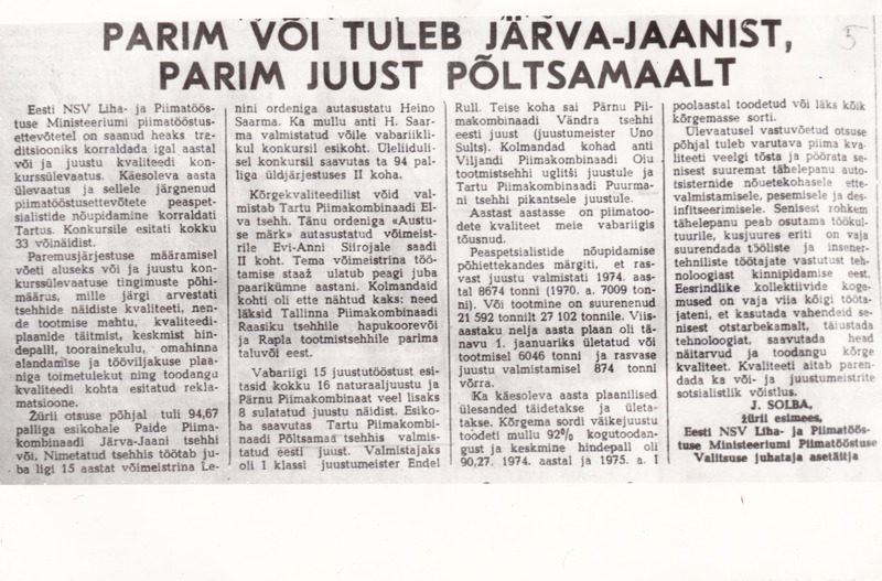 Fotokoopia artiklist "Parim või tuleb Järva-Jaanist, parim juust Põltsamaalt."