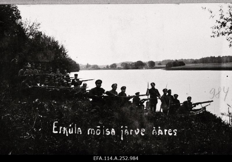 War of Liberty. 9.jalaväepolgu 8.roodu Group 3 on Lake Erküla (Arciems). On the left is Johann Koger (Johannes Kogger).