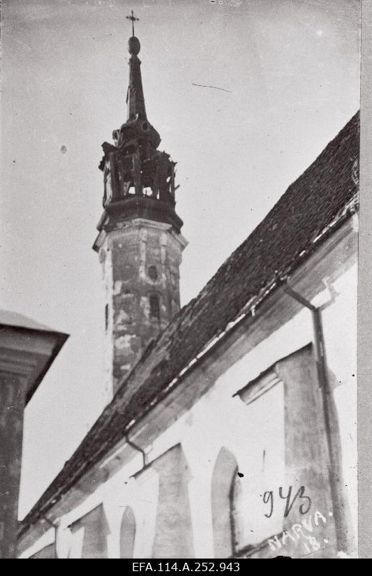 War of Liberty. The tower of the Yann Church, hit by the Red Army's artillery fire.