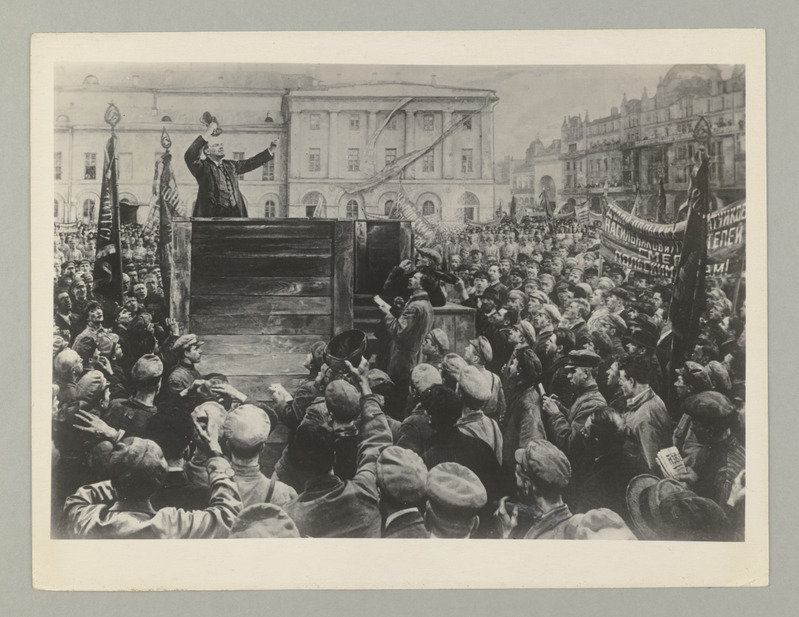 Seeria:" V.I.Lenini surmapäevaks". V.I.Lenin punaarmeelaste Poola rindele ära saatmisel 1920.a. Reprod. I.Brotski maalist.