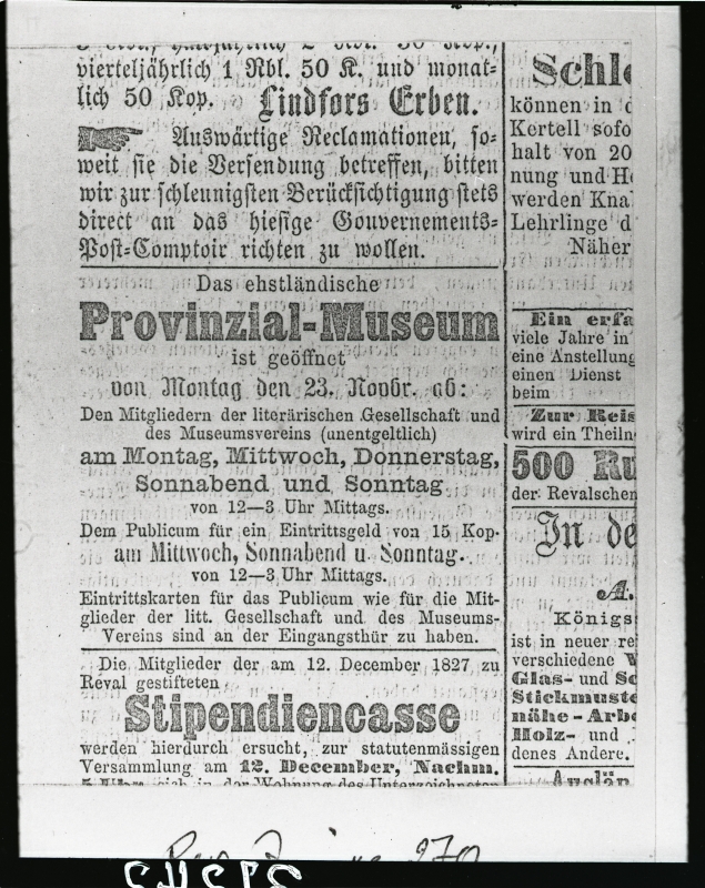 "Revalische Zeitung" No 270 - 20.XI 1864 - Provintsiaalmuuseumi reklaamkuulutus
