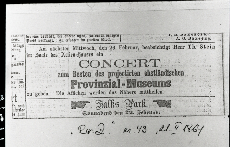 "Revalische Zeitung" No 43 - 21.II 1864 - Th.Steini klaverikontsert muuseumi heaks - kuulutus