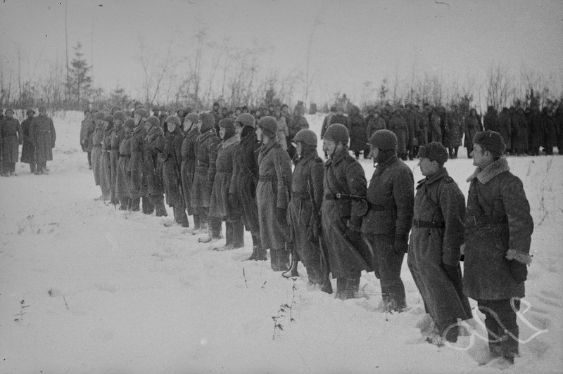 249. Laskurdiviisi võitlejatele autasustamine. Autasustatute rivi. Velikije Luki rajoonis.