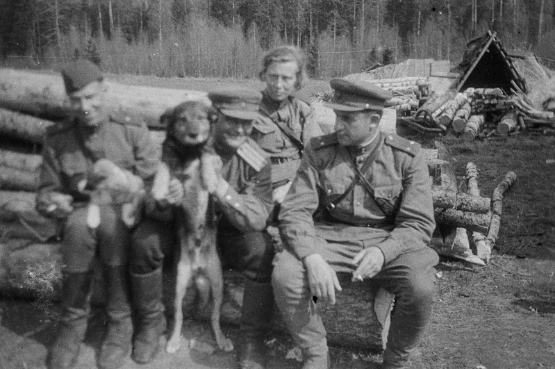 7. Eesti Laskurdiviis. Grupp sõjaväelasi, keskel koeraga Martmaa, taga Herta Soomann