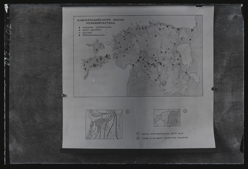 Kaart. A. Karjatajahõimude hauad venekirvestega. B. Kliima kontinentaalsus Eesti alal. C. Lääne ja Ida-Eesti taimestiku valdkond.