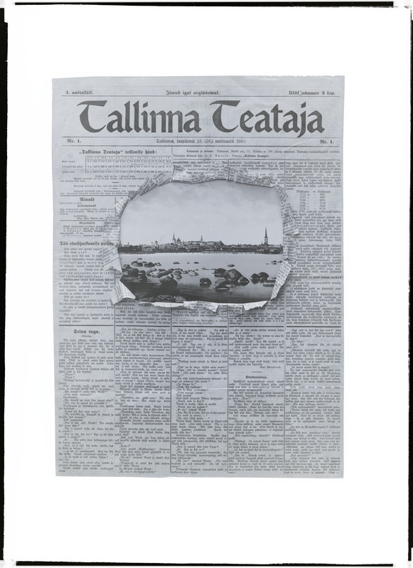 Kollaaž. Ajalehe "Tallinna Teataja" I. aastakäigu 1. numberi (13 (26) veebruar 1910) esikaas, millesse on rebitud auk, millest paistab Tallinna silueti kujutis.