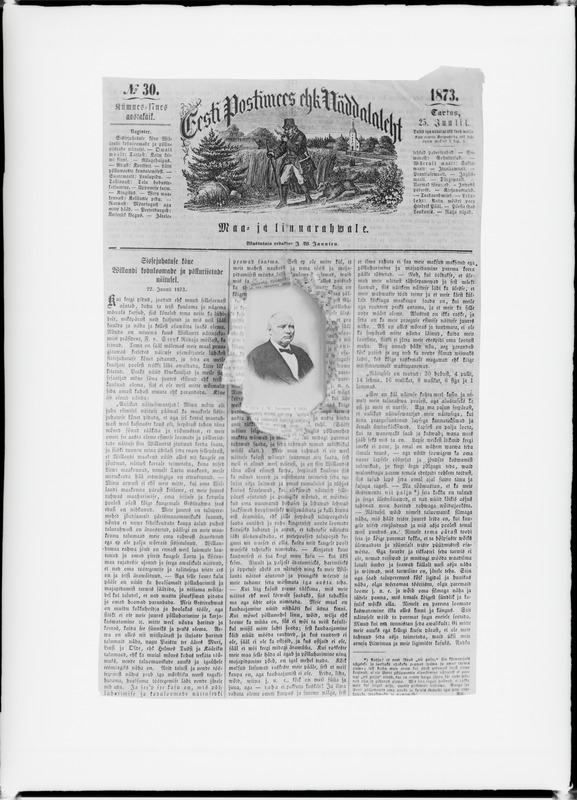 Kollaaž. Ajalehe "Eesti Postimees ehk Näddalaleht"  nr. 30 (25.06.1873) esikaas, millesse on rebitud auk, millest paistab  Johann Voldemar Jannseni portree.