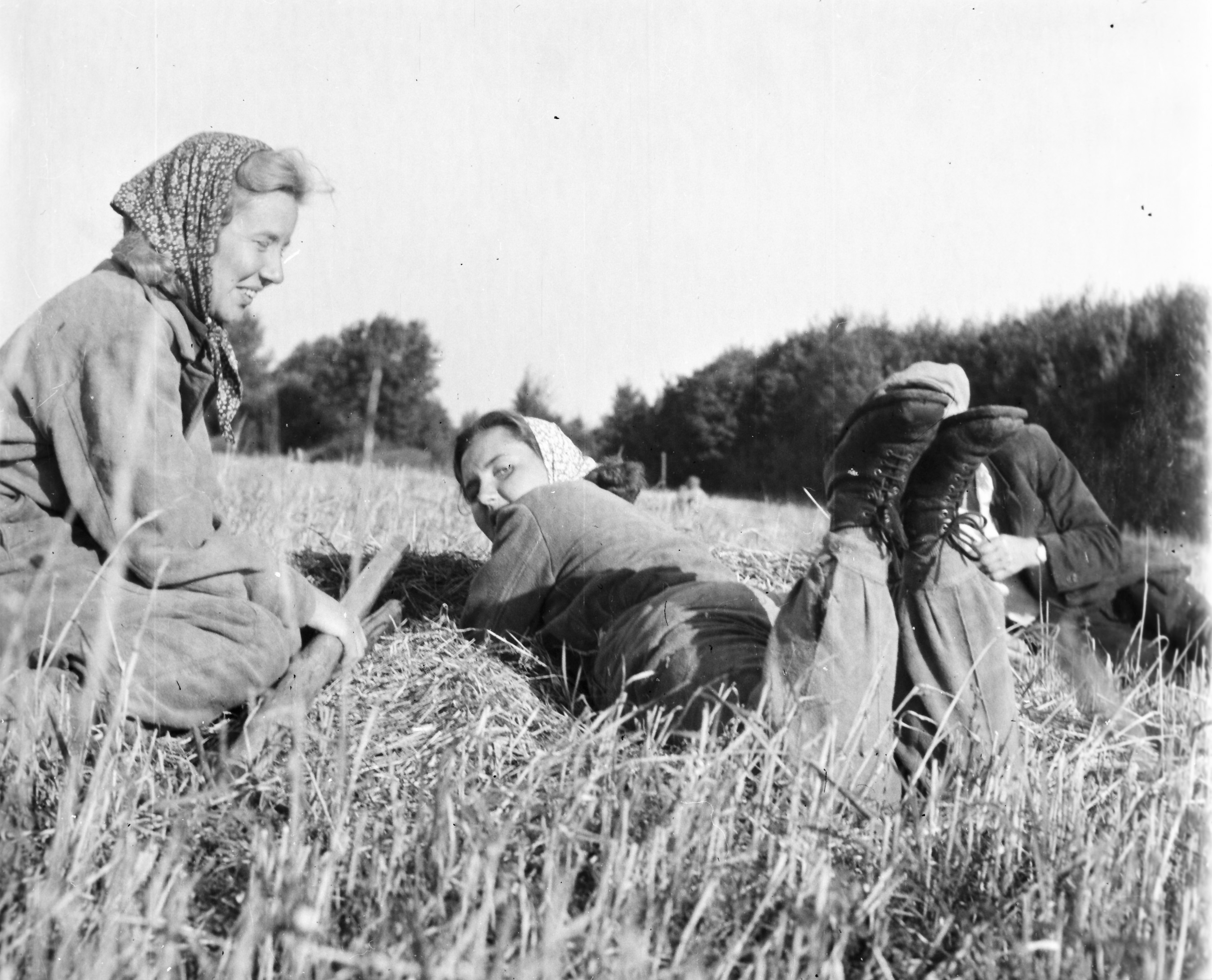 Kaks naist ja üks mees kõrrepõllul pikutamas