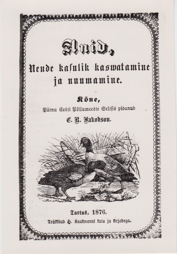 Kaas-tiitelleht brosüürist C. R. Jakobson Anid. Tartus, 1876. Eesti Põllumeeste Seltsis peetud kõne.