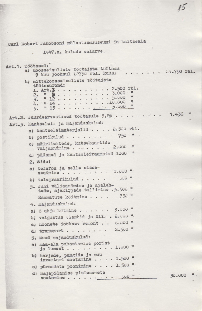 C. R. Jakobsoni Talumuuseumi asutamisega seotud kirjavahetus. C. R. Jakobsoni mälestusmuuseumi  ja kaitseala 1947. a. kulude eelarve. Esimene osa.