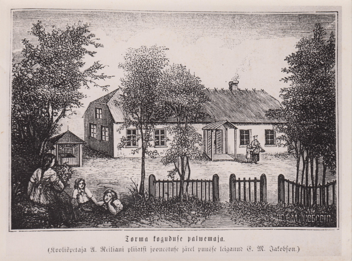 Torma koguduse palvemaja. A. Reiliani joonistuse järgi E. M. Jakobsoni puugravüür.