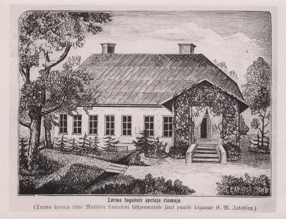 Torma pastori elumaja. E. M. Jakobsoni puugravüüri fotokoopia.