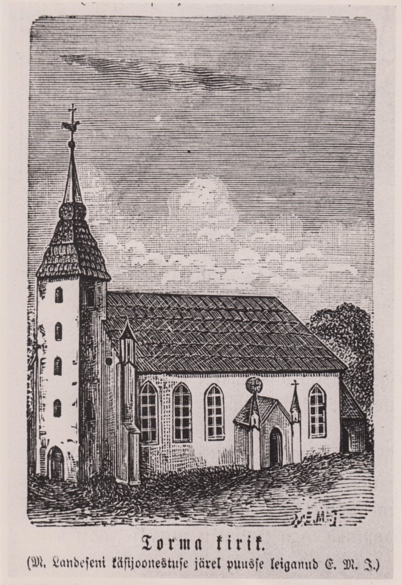 Torma kirik. E. M. Jakobsoni puugravüür M. Landeseni joonistuse ainetel.