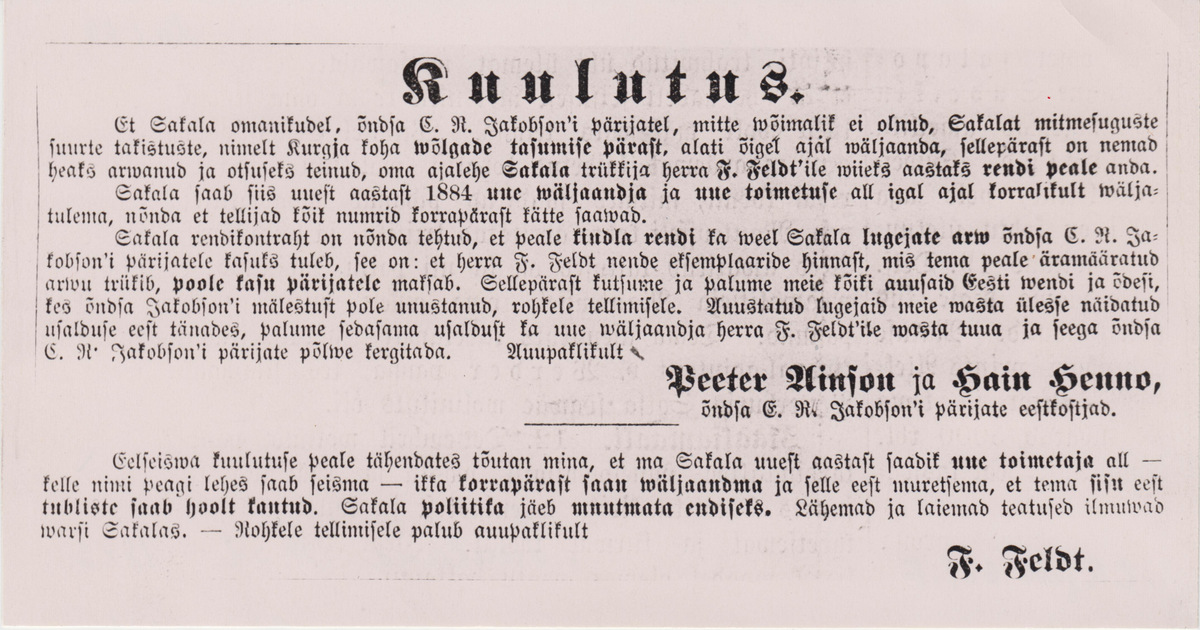 Fotokoopia kuulutusest Sakala minekust uue omaniku F. Feldt'i kätte ajalehes Virulane nr. 52, 1883.