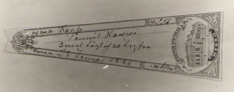 Negatiiv. Ravimi signatuur STEDINGS APOTHEKE WERRO, Nr 257, 1886.