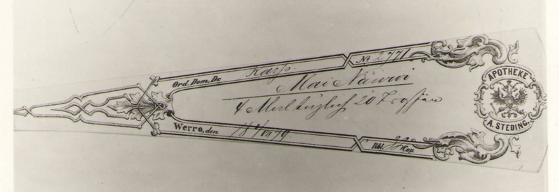 Negatiiv. Ravimi signatuur A. STEDINGS APOTHEKE WERRO, nr 2771, 1879.