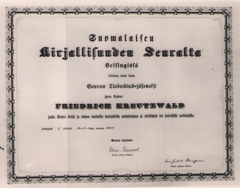 Foto. Soome Kirjanduse Seltsi poolt Fr. R. Kreutzwaldile antud tunnistus Kirjavahetajaliikmeks nimetamise kohta 07.03.1855.