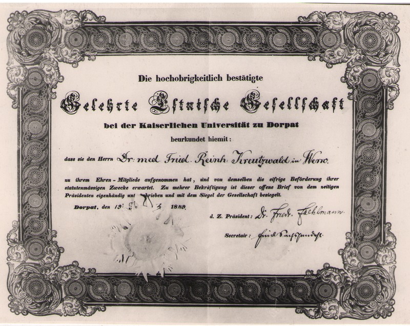 Foto. Fr. R. Kreutzwaldi tunnistus ÕES-i auliikmeks nimetamise kohta, 19.01.1849.