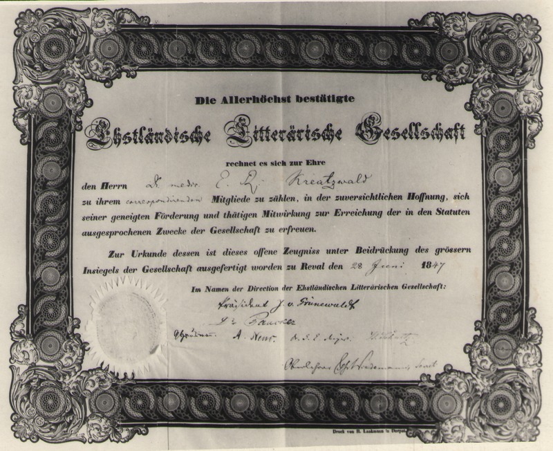 Foto. Fr. R. Kreutzwaldi tunnistus Eestimaa Kirjanduse Seltsi Kirjavahetajaliikmeks nimetamise kohta, 28.06.1847.
