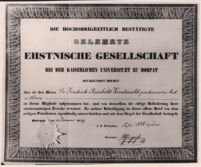 Foto. Fr. R. Kreutzwaldi tunnistus ÕES-i liikmeks nimetamise kohta, 18.01.1839.