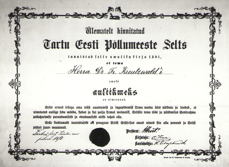 Foto. Fr. R. Kreutzwaldi tunnistus Tartu Eesti Põllumeeste Seltsi auliikmeks nimetamise kohta, 07.12.1871.